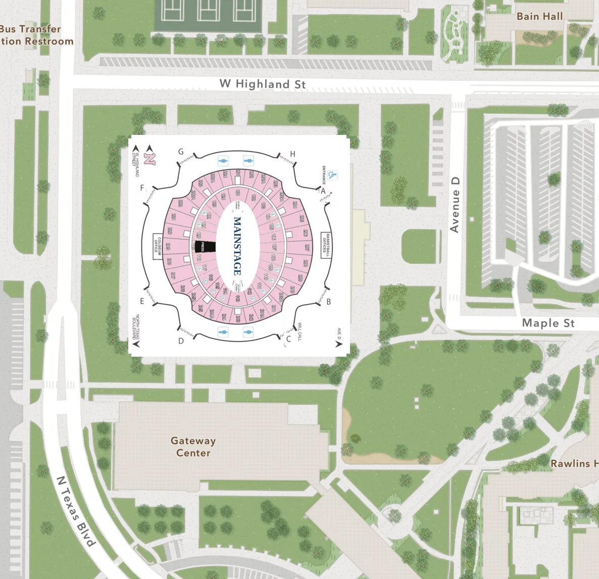 Aerial map of the University of North Texas campus around the Coliseum, with the door assignment plan laid over the building. North is up. W Highland St runs along the north side, Avenue D and a multi-storey parking structure lie to the east, Maple St to the south-east, and N Texas Blvd curves along the west. The Gateway Center is immediately south of the Coliseum, with Bain Hall to the north-east and Rawlins Hall to the south-east. Doors G and H face W Highland St on the north side; doors A and B face Avenue D on the east; doors C and D are on the south side; doors E and F are on the west.