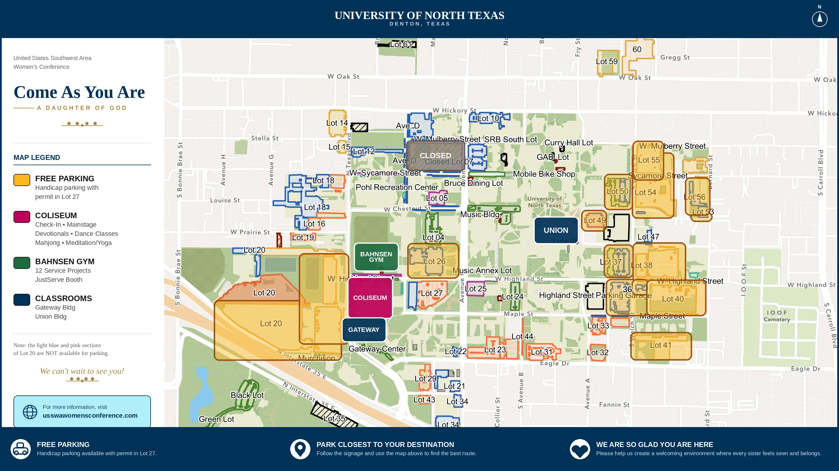 Mapa de estacionamiento del campus de la University of North Texas en Denton. Los lotes de estacionamiento gratuito están sombreados en amarillo; los más grandes son los lotes 20, justo al oeste del Coliseum, y hay más en el lado este del campus. El estacionamiento para personas con discapacidad, con permiso, está en el lote 27. El lote 07 está cerrado, y las secciones azul claro y rosa del lote 20 no están disponibles para estacionarse. Edificios: el Coliseum (registro, escenario principal, devocionales, clases de baile, Mahjong, meditación y yoga), el Bahnsen Gym (12 proyectos de servicio y el puesto de JustServe) y los salones de clase en los edificios Gateway y Union.